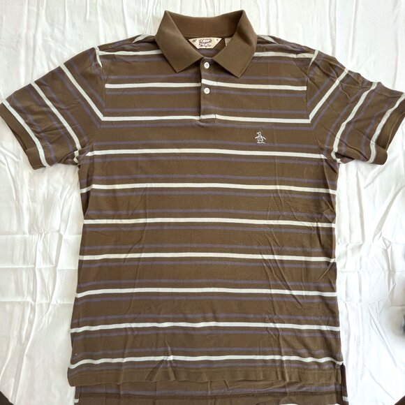 Penguin Polo Stiped Brown Short Sleeve Shirt Medium Y2K Cotton - Picture 2 of 11